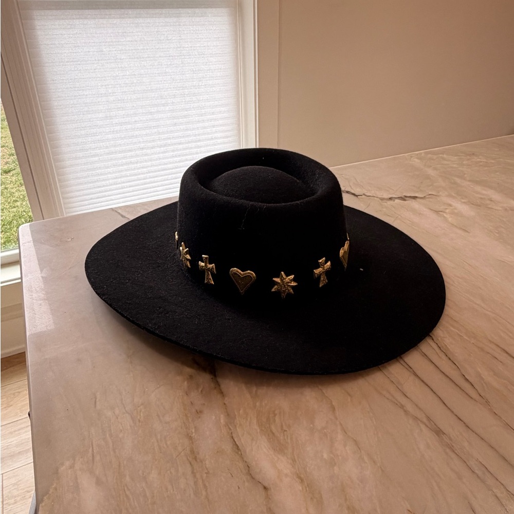 Black Wide-Brim Hat with Gold Stud Accents